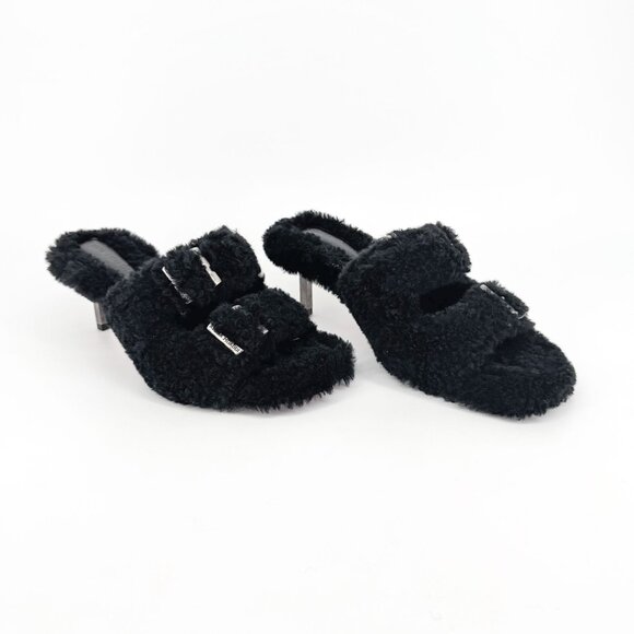 Amina Muaddi Millie Black Shearling Buckle Mule Slippers Heels Size 39.5 US 9.5 - Picture 1 of 14